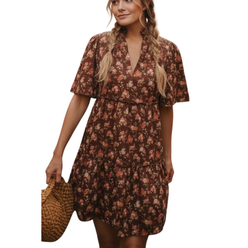 Tuckernuck Brown Rosewood Chinz Floral‎ Flutter Sleeve Tiered Mini Dress Size S